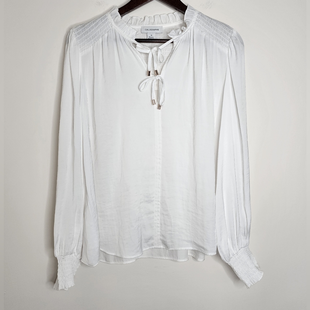 Calligraphie Womens White Bishop Sleeve Double Tie Neck Billowy Quiet Luxury Top